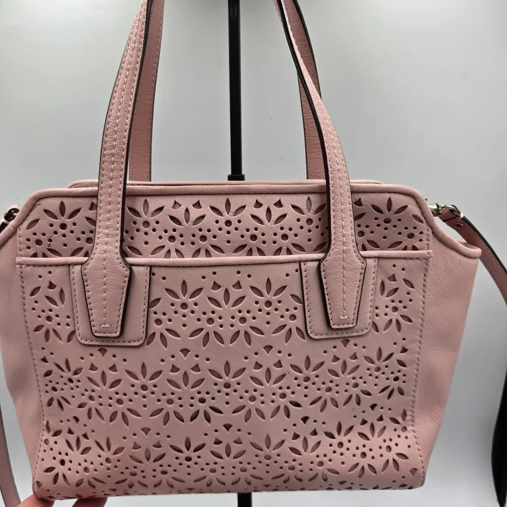 Pink Coach Taylor Eyelet Bette Leather Mini Tote Purse Laser Cut Floral Satin